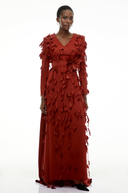 Olivia Red Maxi Dress with All-Over 3D Petals