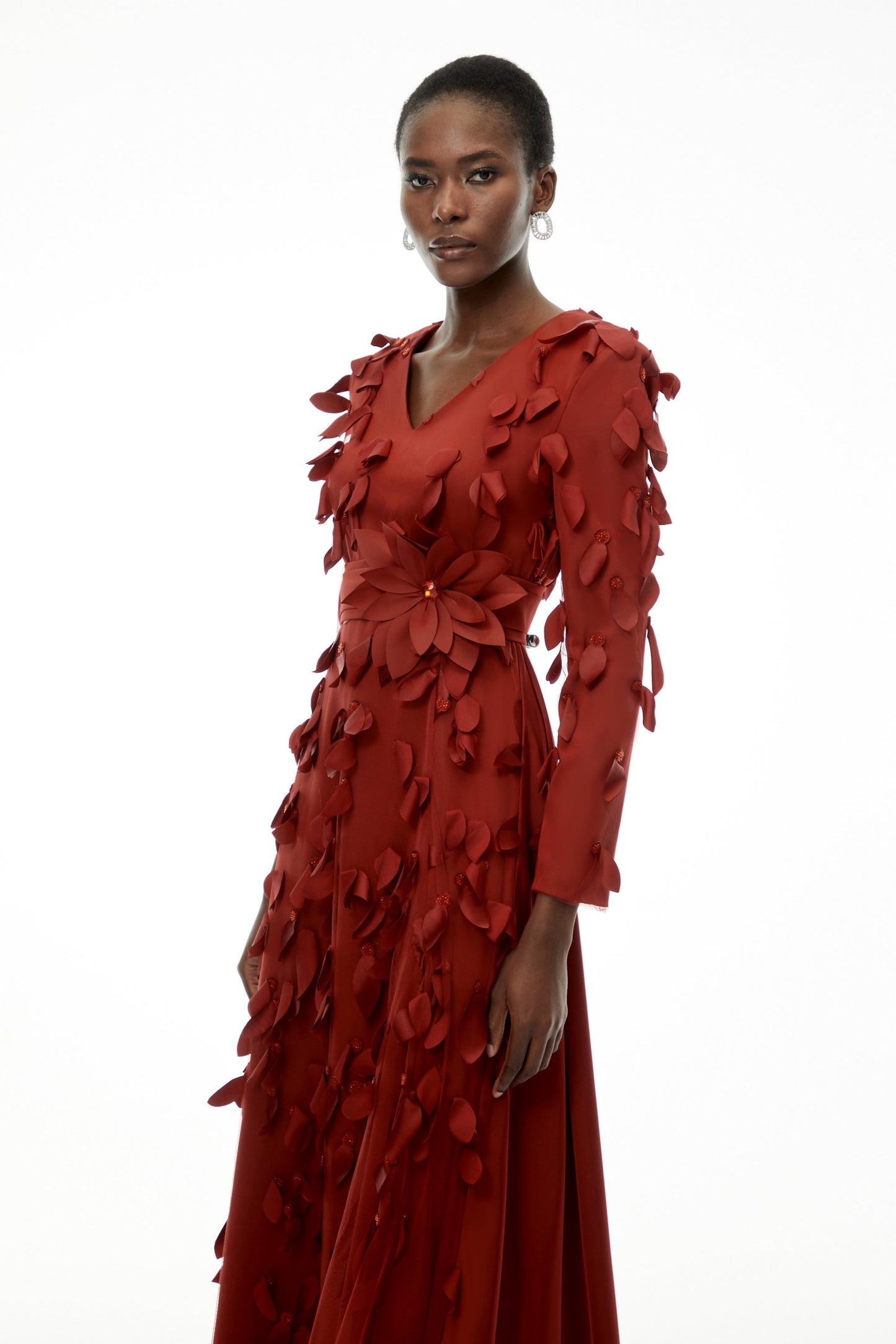 Olivia Red Maxi Dress with All-Over 3D Petals