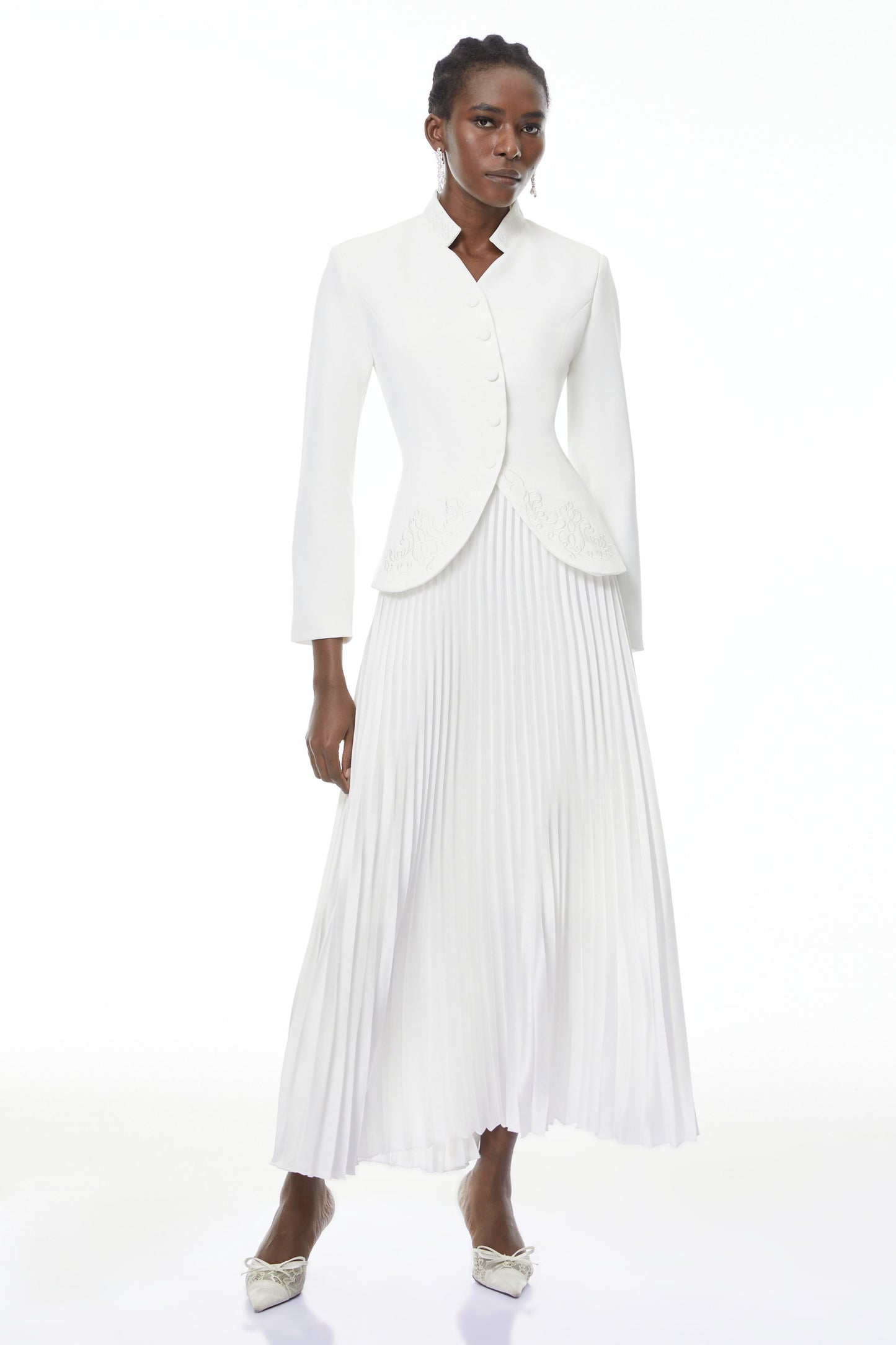 Olivia White Floral Embroidered Blazer & Pleated Skirt Set