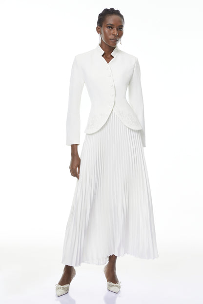 Olivia White Floral Embroidered Blazer & Pleated Skirt Set
