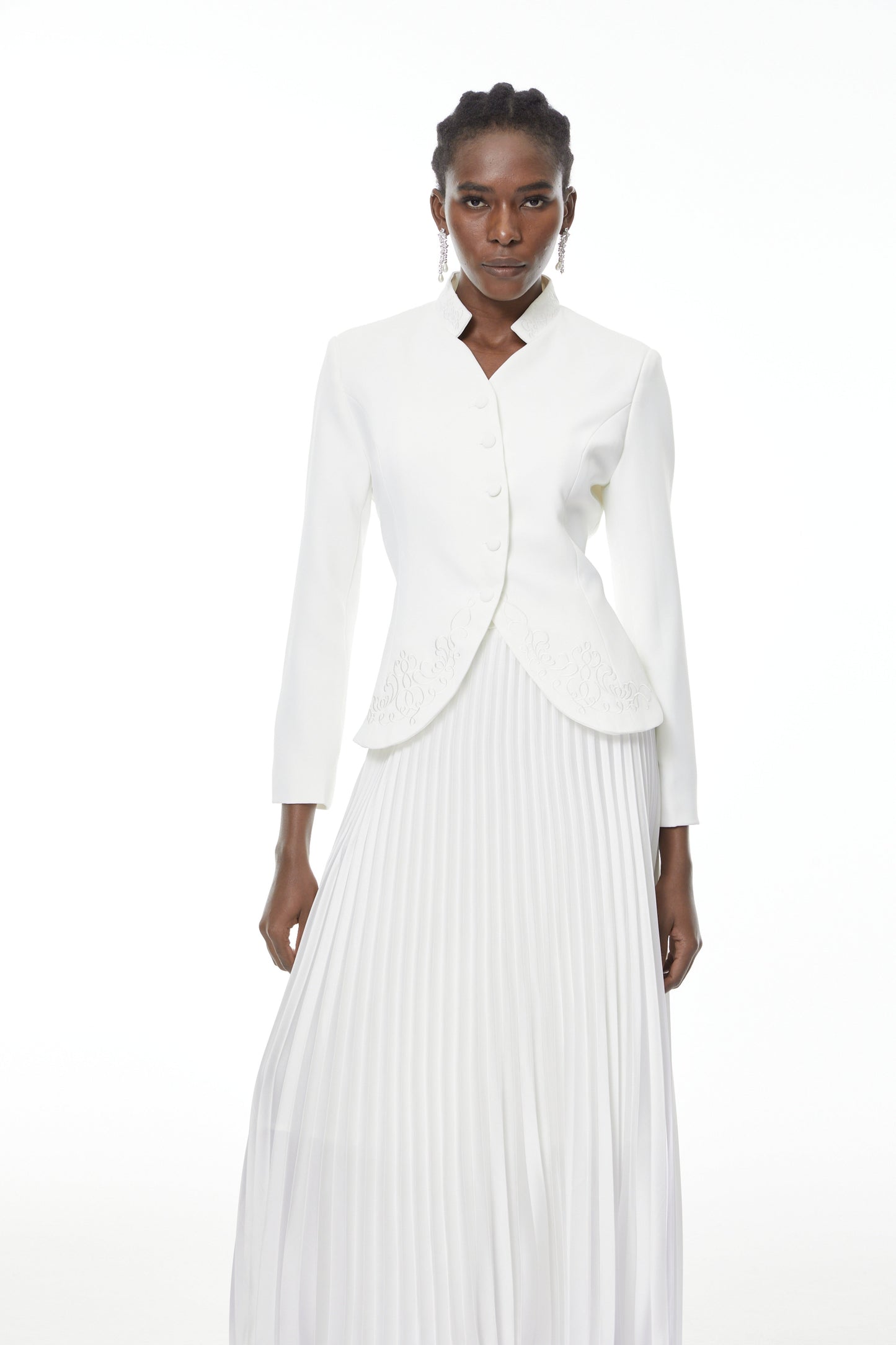 Olivia White Floral Embroidered Blazer & Pleated Skirt Set