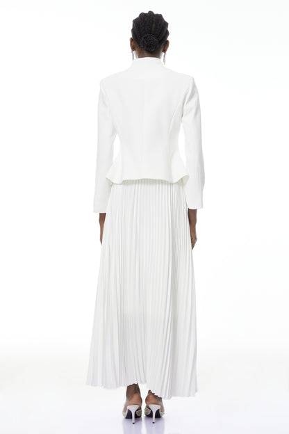 Olivia White Floral Embroidered Blazer & Pleated Skirt Set