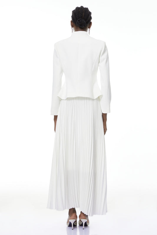 Olivia White Floral Embroidered Blazer & Pleated Skirt Set
