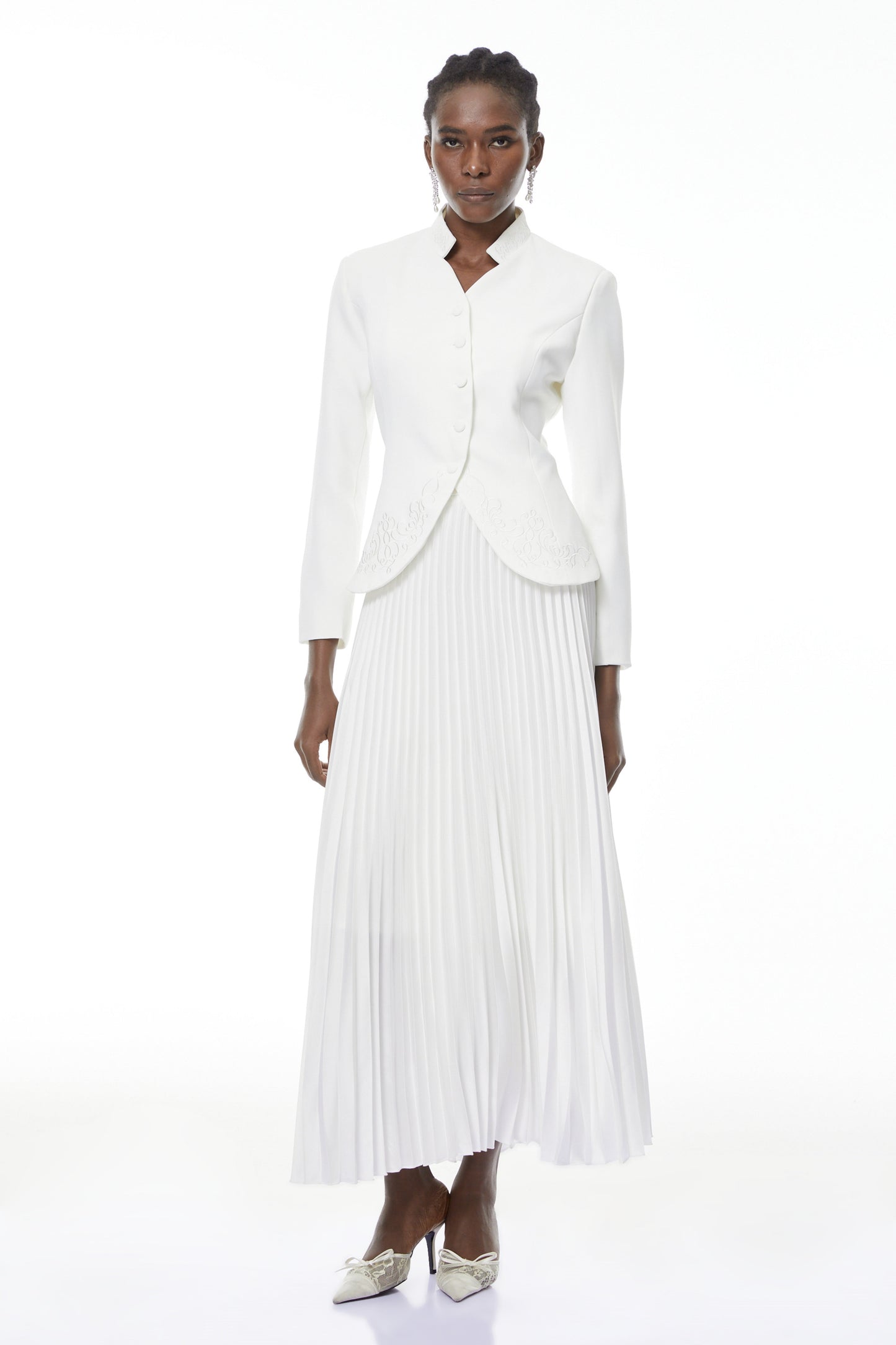 Olivia White Floral Embroidered Blazer & Pleated Skirt Set