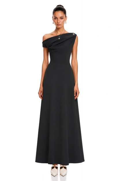 Olympia Black Off Shoulder Ruched Maxi Dress