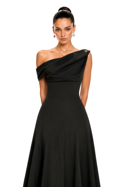 Olympia Black Off Shoulder Ruched Maxi Dress