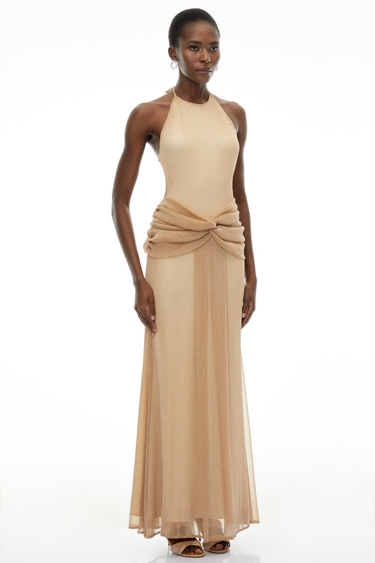Olympia Champagne Halterneck Ruched Maxi Dress