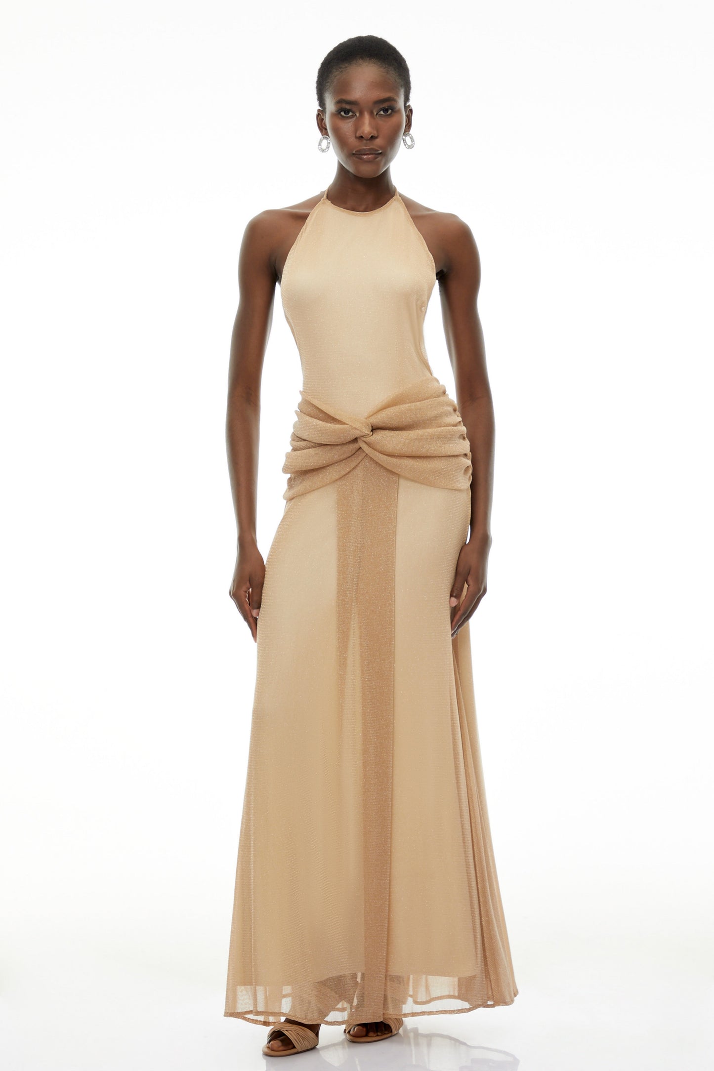 Olympia Champagne Halterneck Ruched Maxi Dress