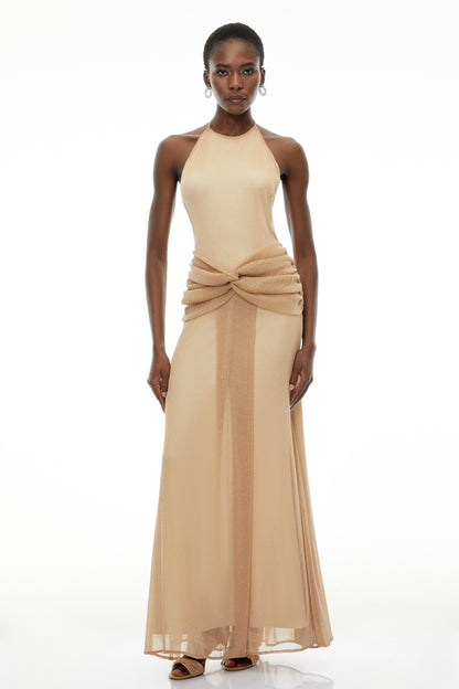 Olympia Champagne Halterneck Ruched Maxi Dress