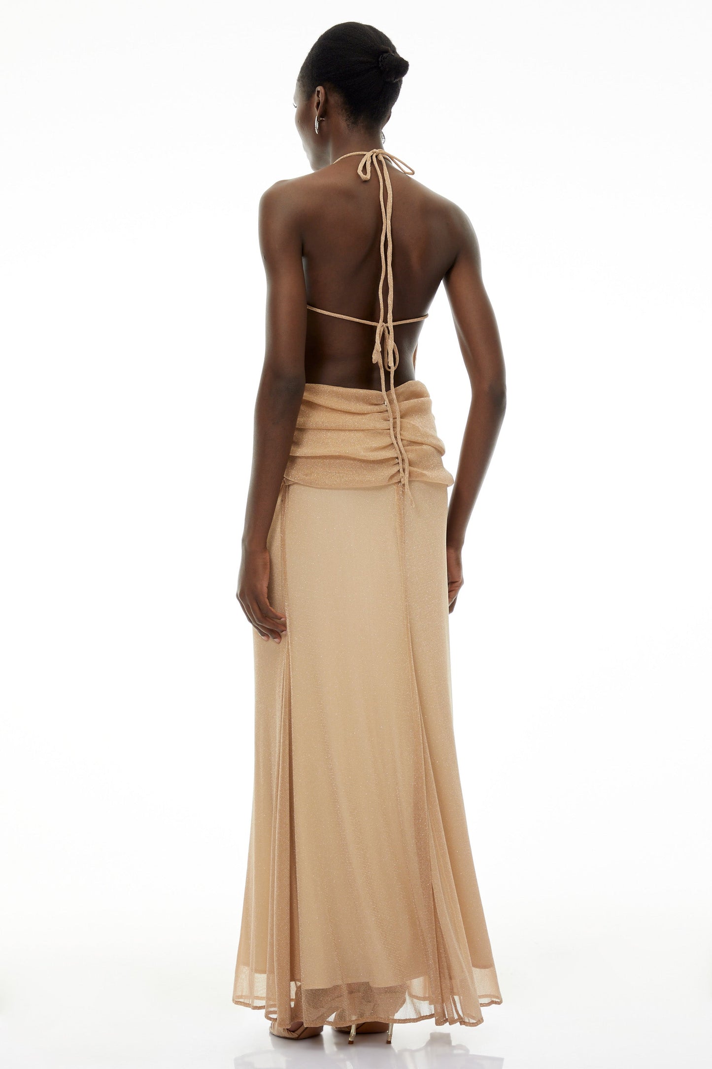Olympia Champagne Halterneck Ruched Maxi Dress