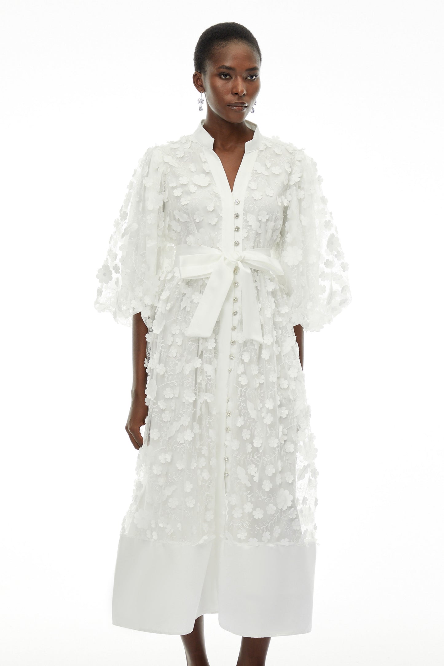 Olympia White Puff Sleeve Midi Dress with 3D Florals