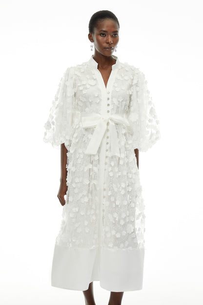 Olympia White Puff Sleeve Midi Dress with 3D Florals