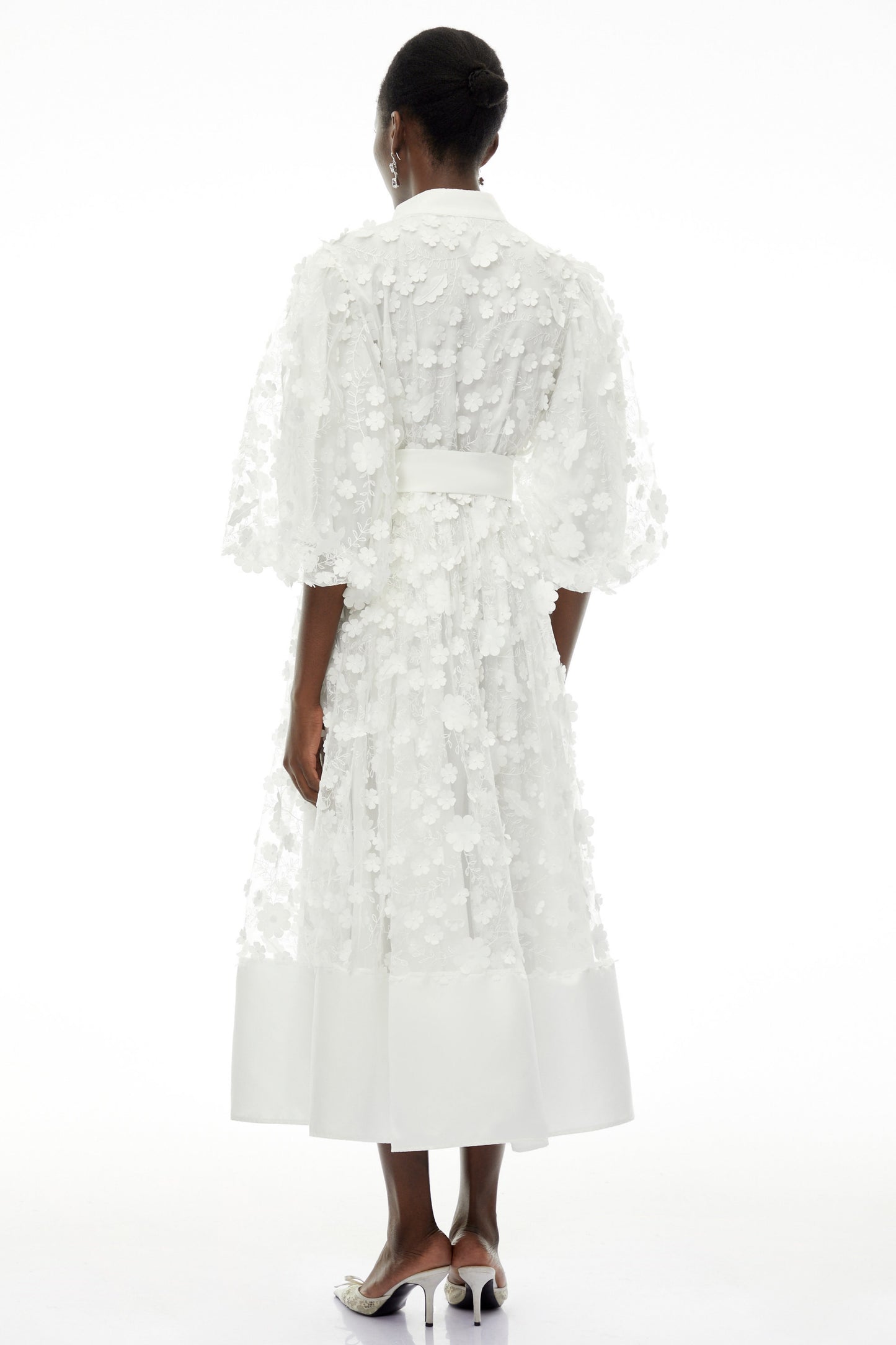 Olympia White Puff Sleeve Midi Dress with 3D Florals