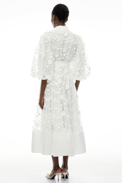 Olympia White Puff Sleeve Midi Dress with 3D Florals