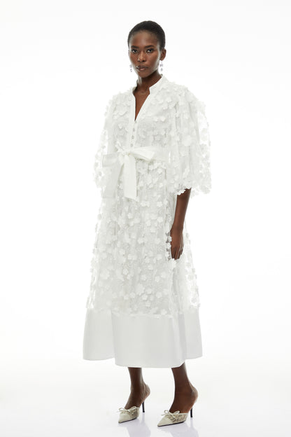 Olympia White Puff Sleeve Midi Dress with 3D Florals