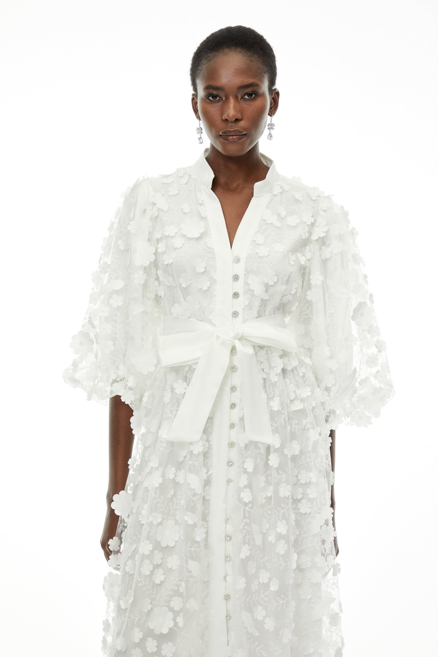 Olympia White Puff Sleeve Midi Dress with 3D Florals