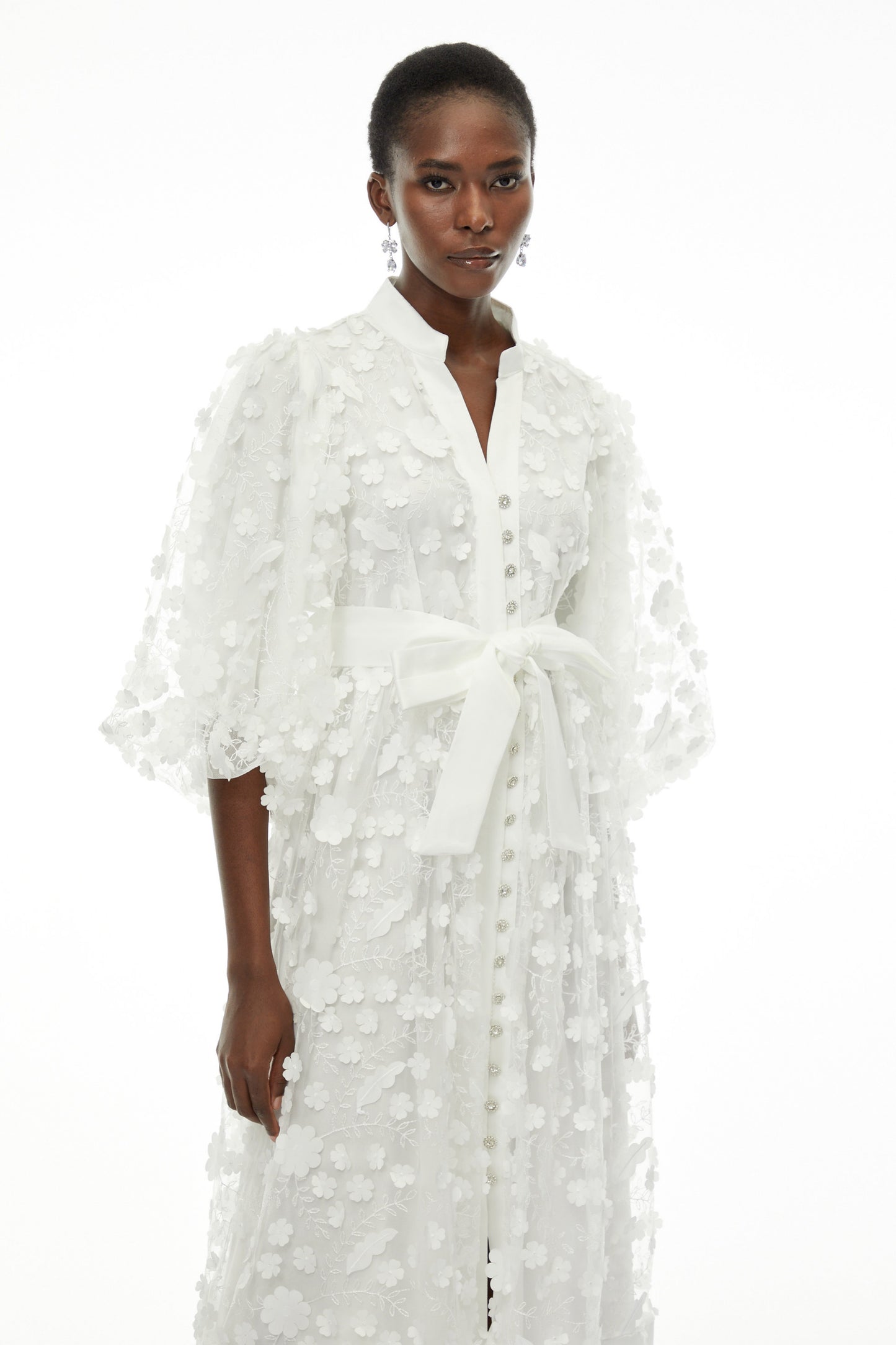 Olympia White Puff Sleeve Midi Dress with 3D Florals