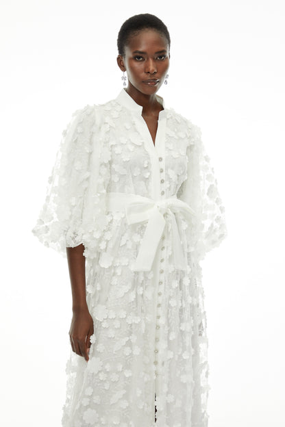 Olympia White Puff Sleeve Midi Dress with 3D Florals