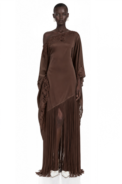 Ombeline Brown Asymmetrical Maxi Dress with Fringe