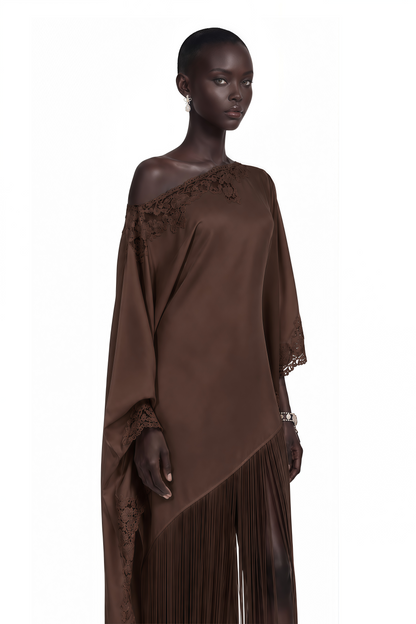 Ombeline Brown Asymmetrical Maxi Dress with Fringe