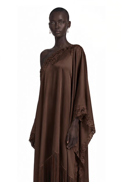 Ombeline Brown Asymmetrical Maxi Dress with Fringe