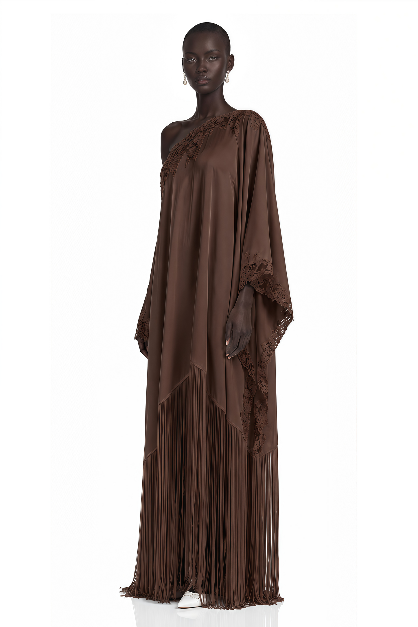 Ombeline Brown Asymmetrical Maxi Dress with Fringe