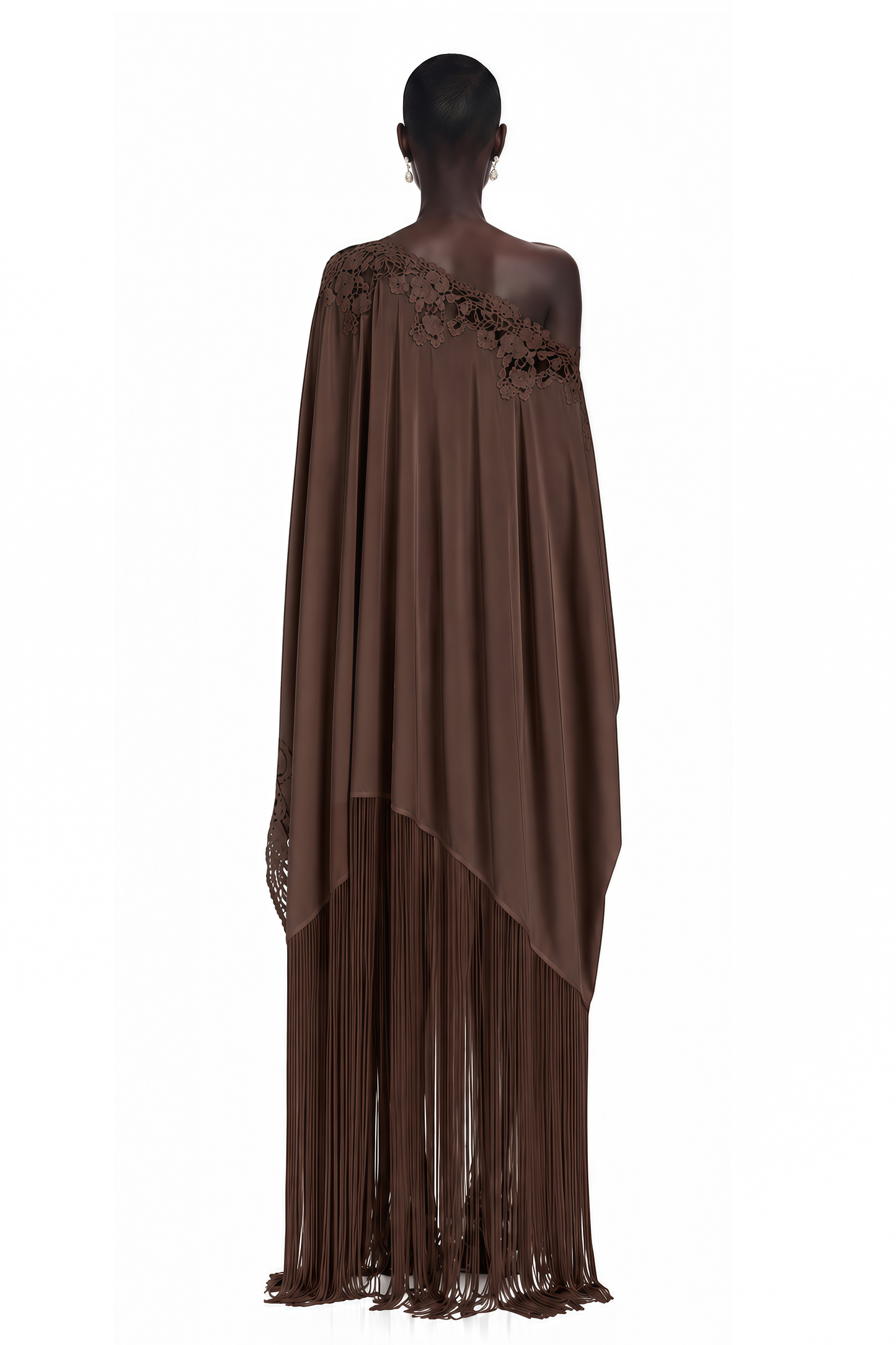 Ombeline Brown Asymmetrical Maxi Dress with Fringe