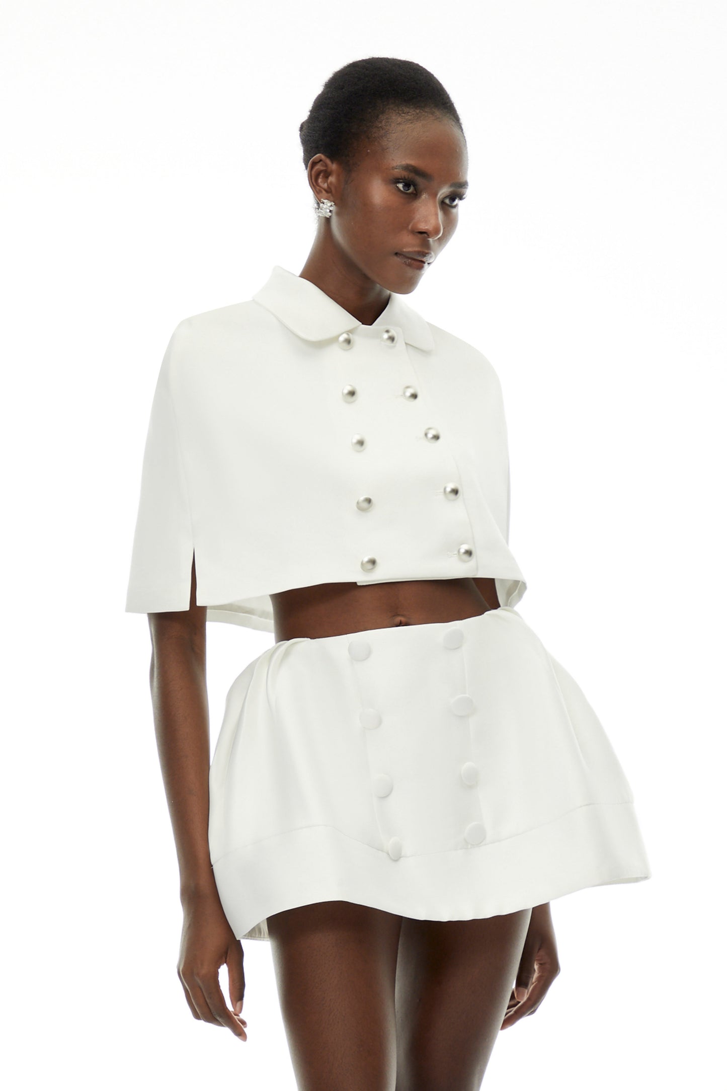 Ondina White Double-Breasted Cape Coat & Skirt Set