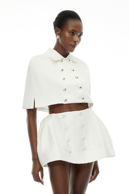 Ondina White Double-Breasted Cape Coat & Skirt Set