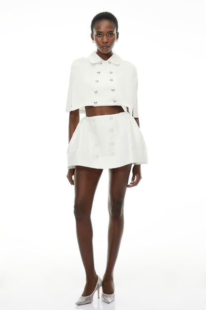 Ondina White Double-Breasted Cape Coat & Skirt Set