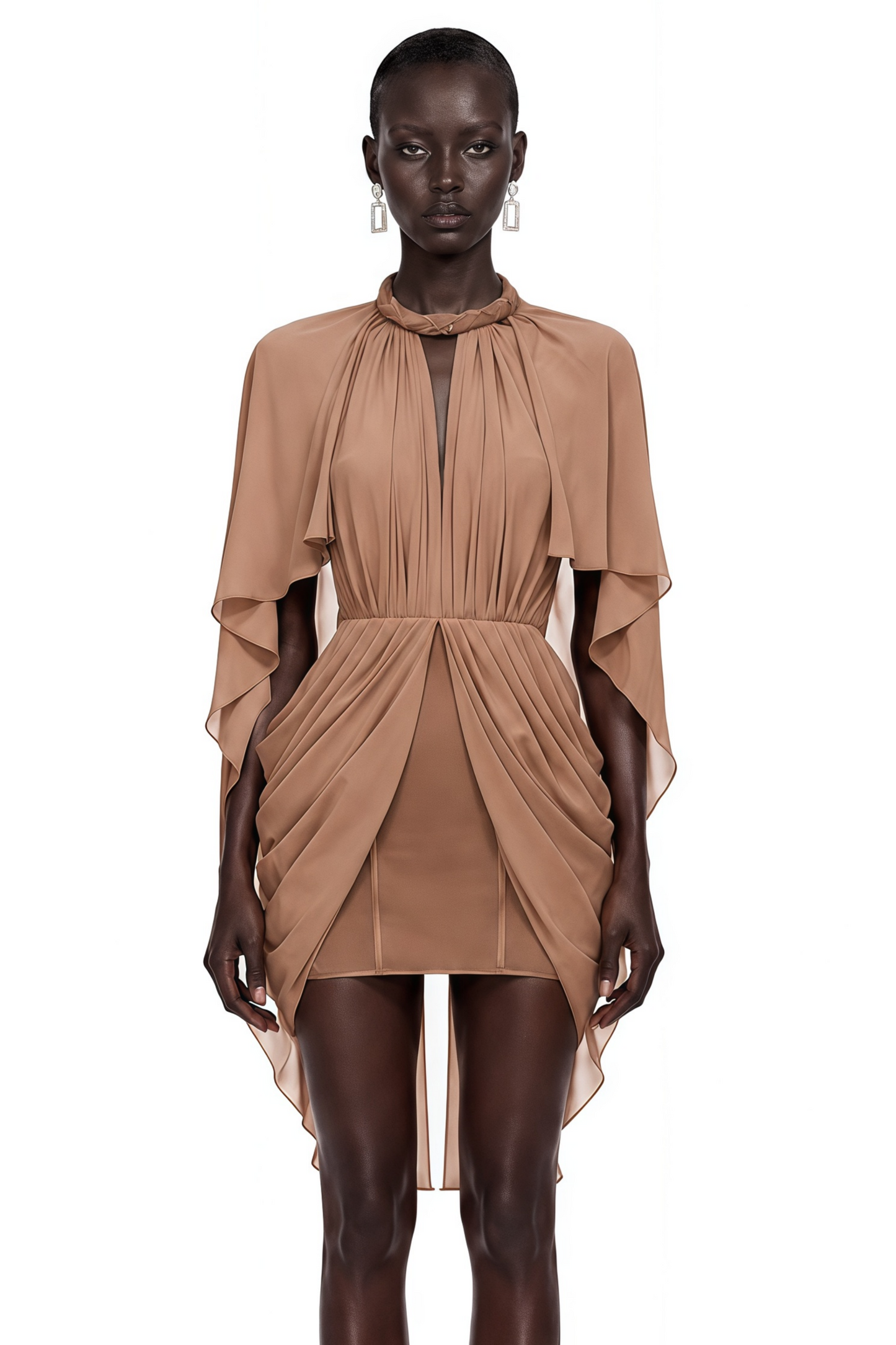 Ondria Brown Draped Cape Sleeve Mini Dress