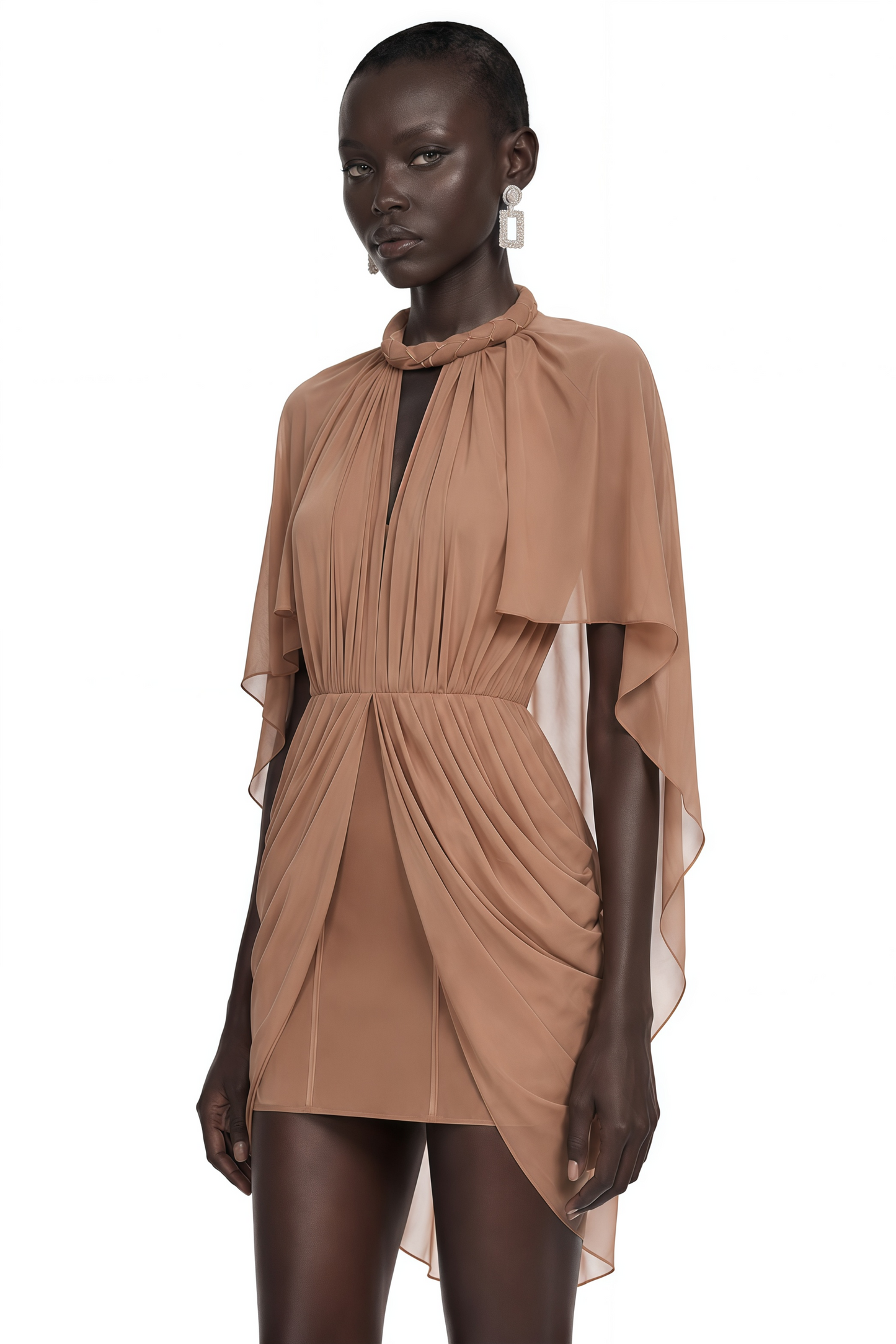 Ondria Brown Draped Cape Sleeve Mini Dress