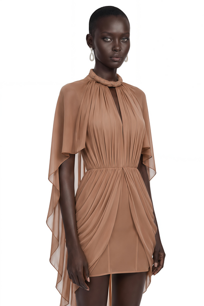 Ondria Brown Draped Cape Sleeve Mini Dress