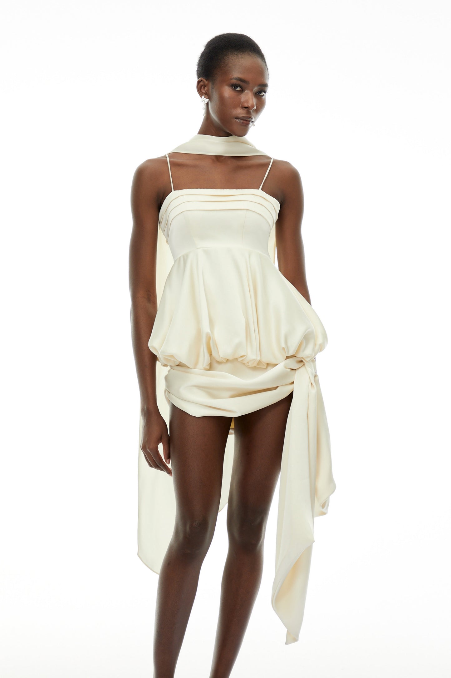 Opale Neutral Asymmetrical Satin Mini Dress