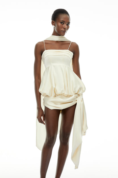 Opale Neutral Asymmetrical Satin Mini Dress
