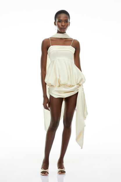 Opale Neutral Asymmetrical Satin Mini Dress