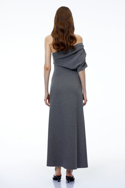 Ophelia Gri Düşük Omuz Bodycon Maxi Elbise