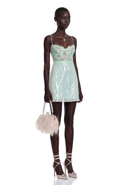 Ophelia Mint Green Lace Bustier Sequin Mini Dress