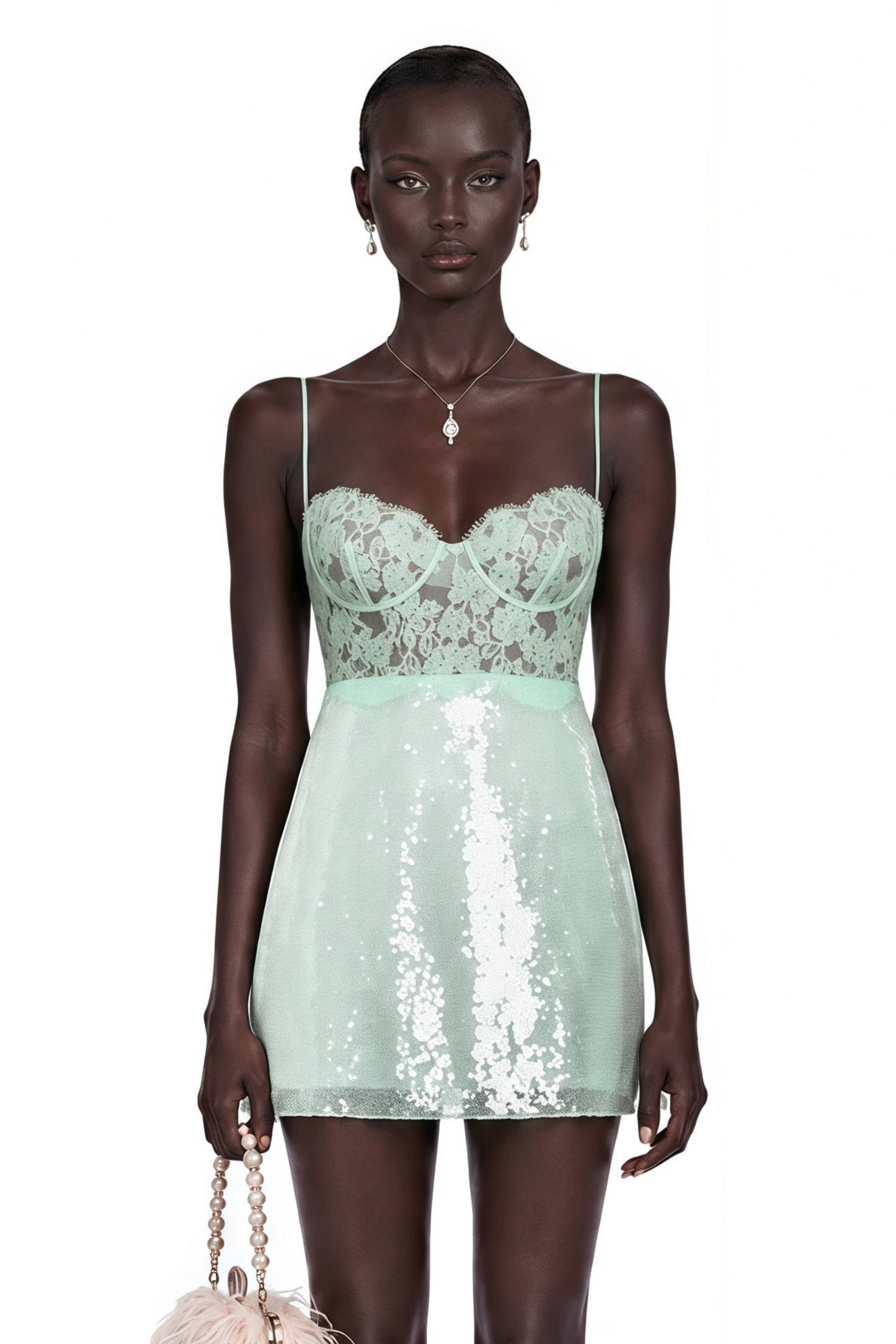 Ophelia Mint Green Lace Bustier Sequin Mini Dress