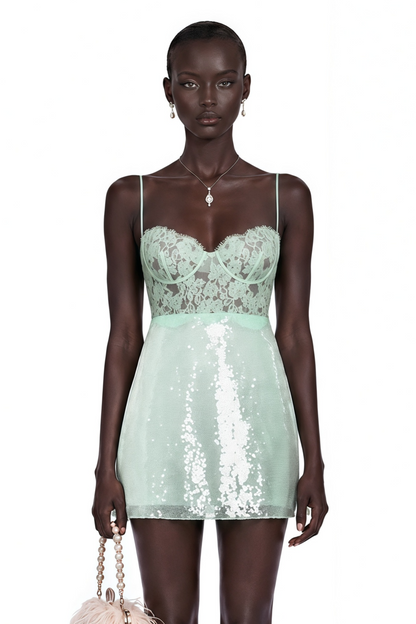 Ophelia Mint Green Lace Bustier Sequin Mini Dress