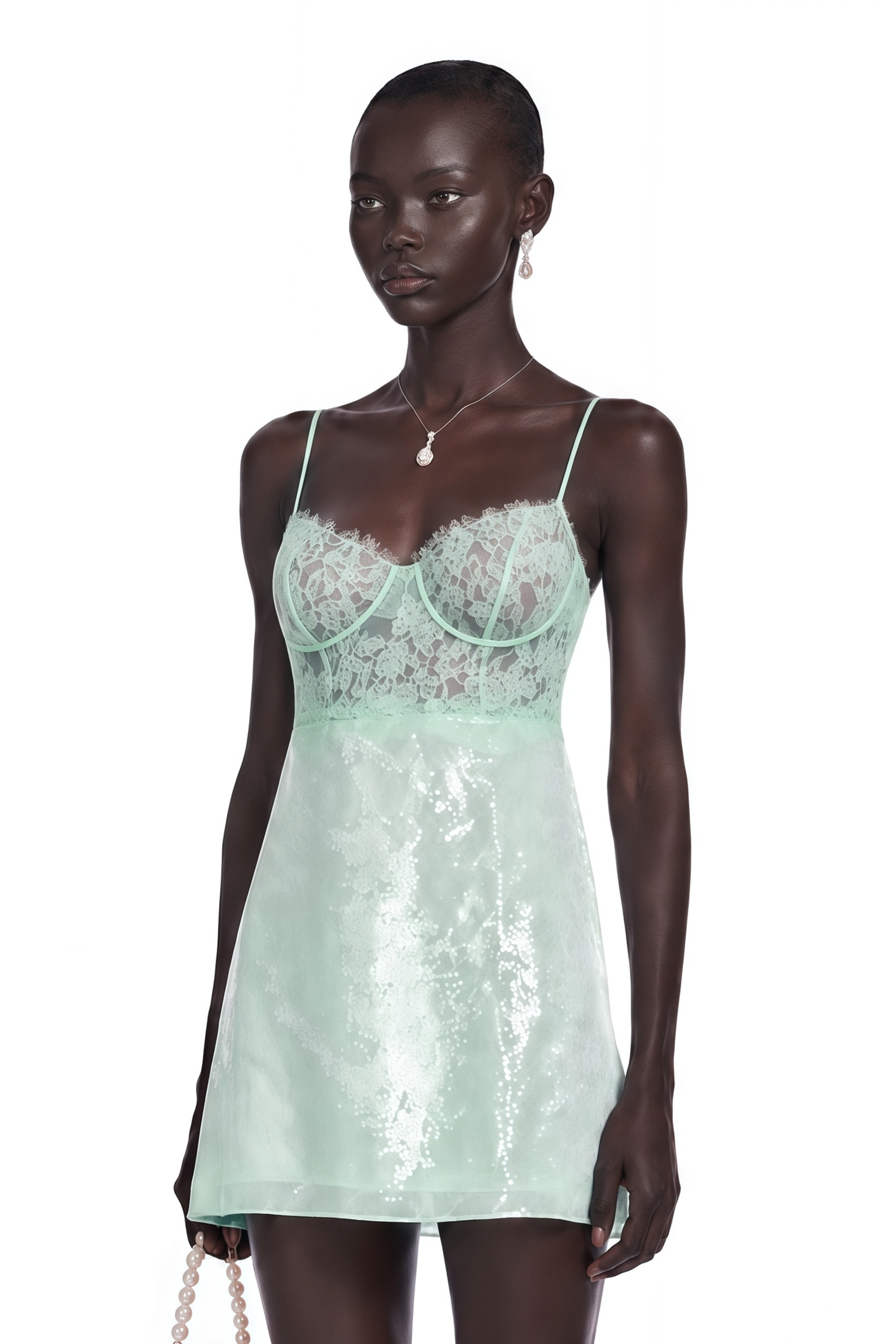 Ophelia Mint Green Lace Bustier Sequin Mini Dress