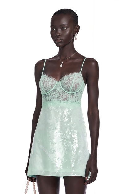 Ophelia Mint Green Lace Bustier Sequin Mini Dress