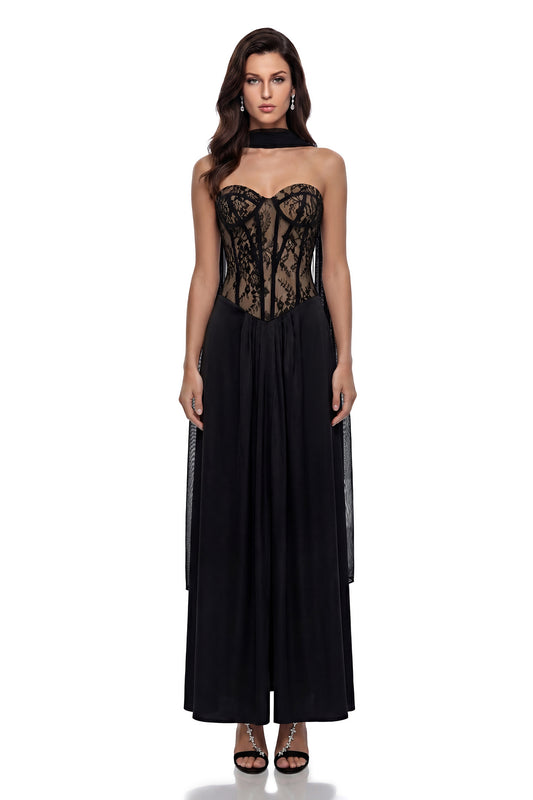 Oria Black Semi-Sheer Lace Panel Maxi Dress