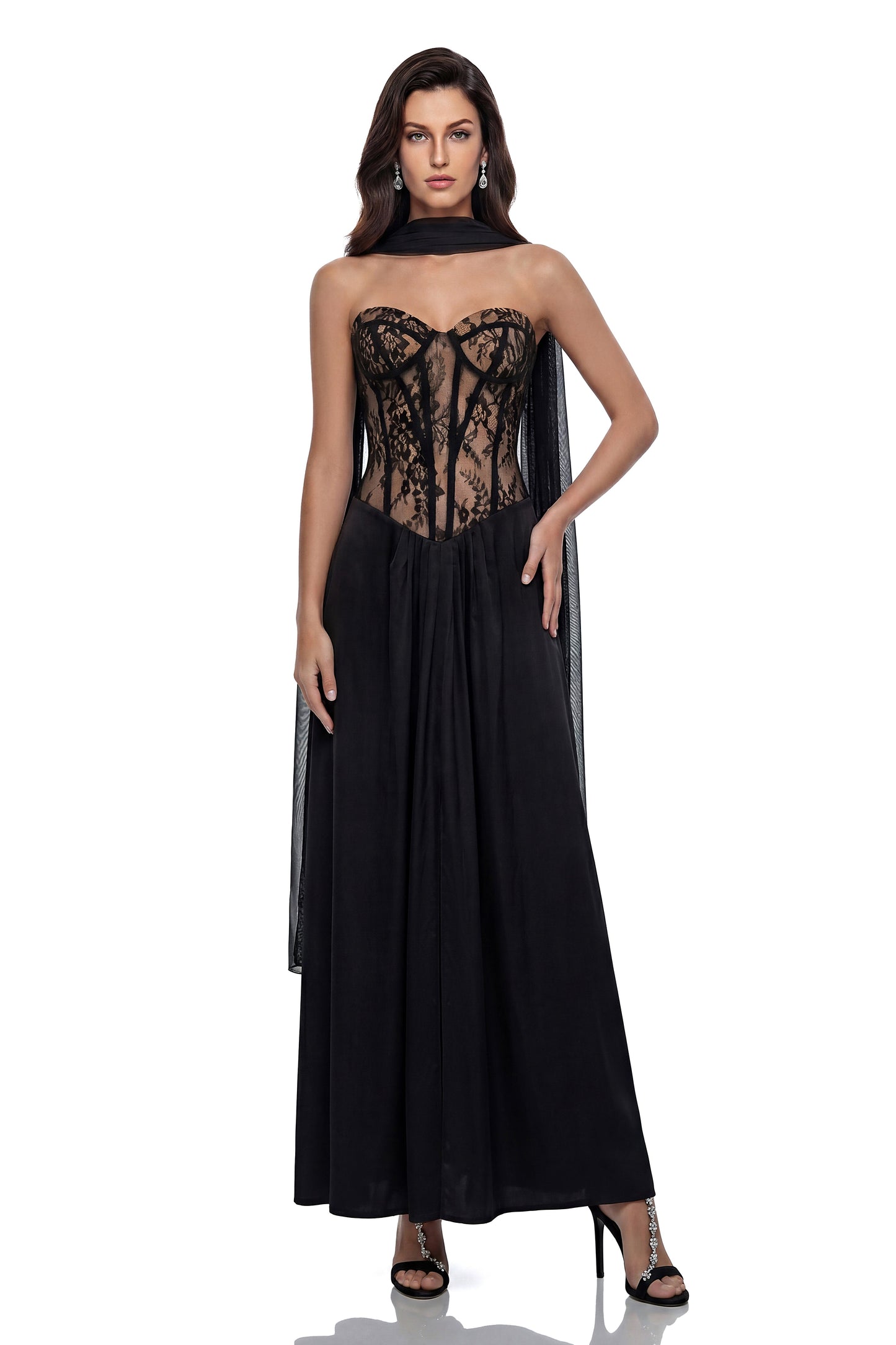 Oria Black Semi-Sheer Lace Panel Maxi Dress