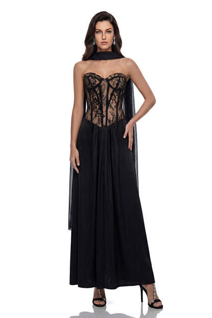 Oria Black Semi-Sheer Lace Panel Maxi Dress