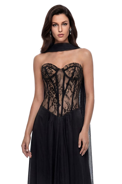 Oria Black Semi-Sheer Lace Panel Maxi Dress