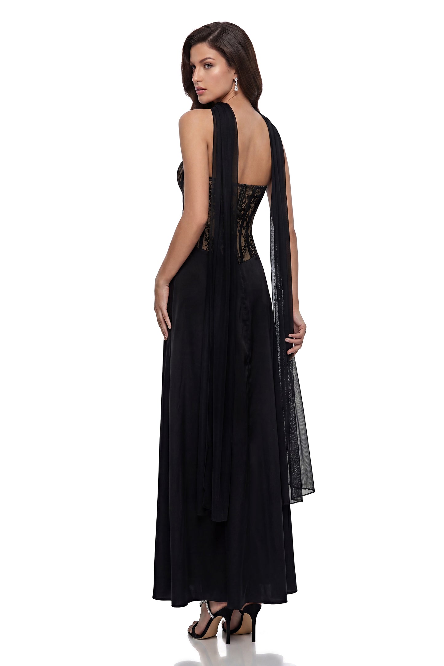 Oria Black Semi-Sheer Lace Panel Maxi Dress