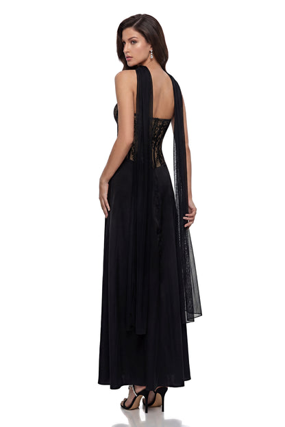 Oria Black Semi-Sheer Lace Panel Maxi Dress