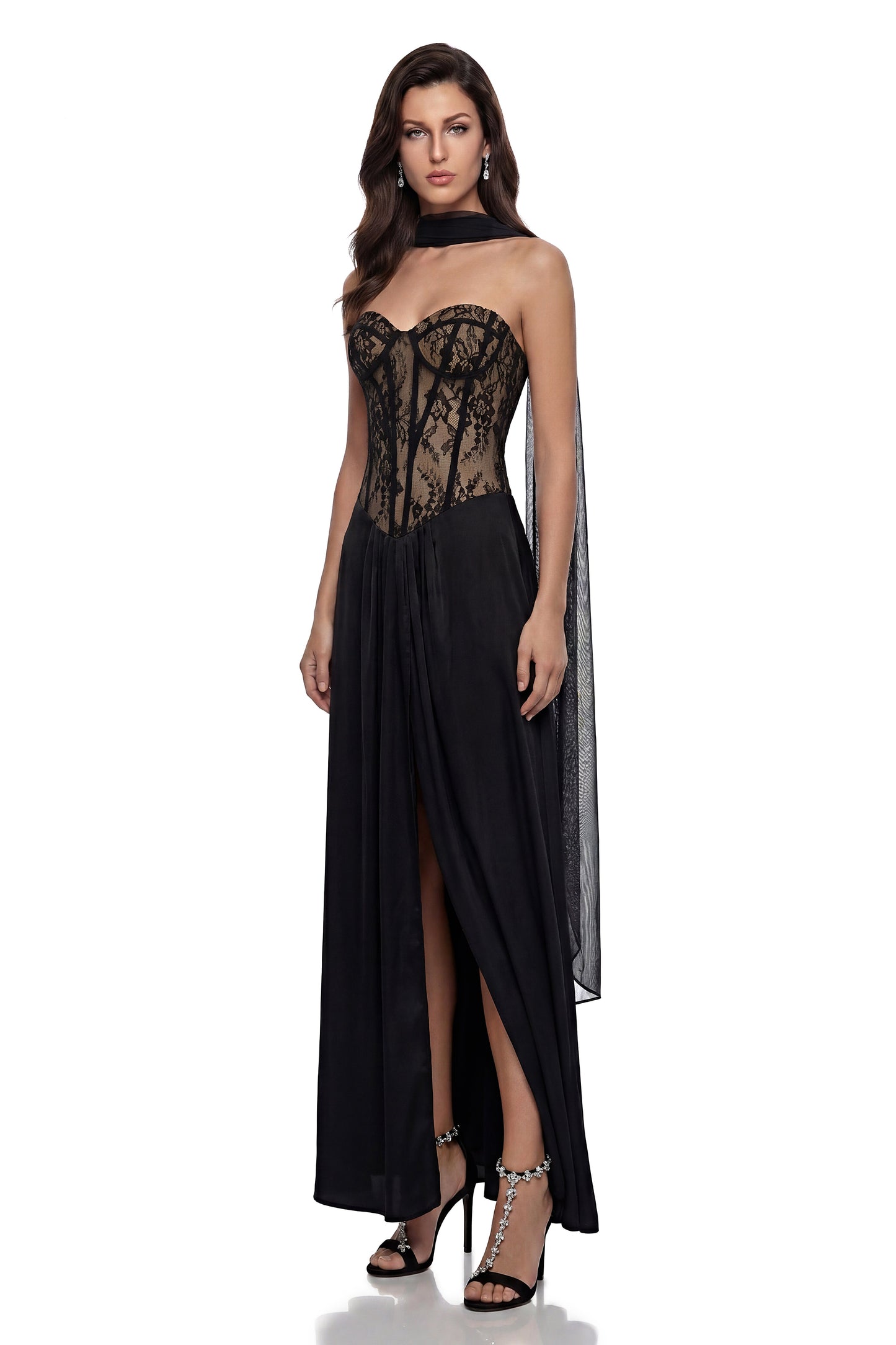Oria Black Semi-Sheer Lace Panel Maxi Dress