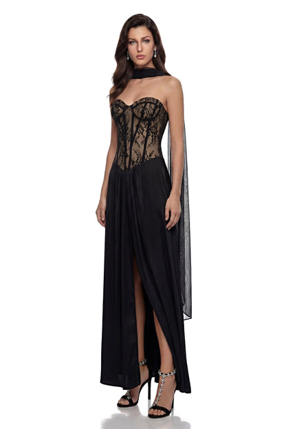 Oria Black Semi-Sheer Lace Panel Maxi Dress